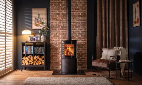 FireFX Atlas cylindrical wood burning stove with tall side windows